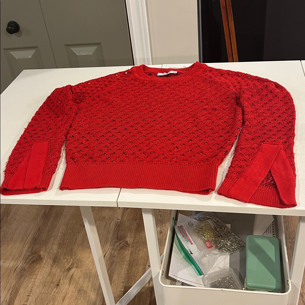 Zara Red Open-Knit Crewneck Sweater